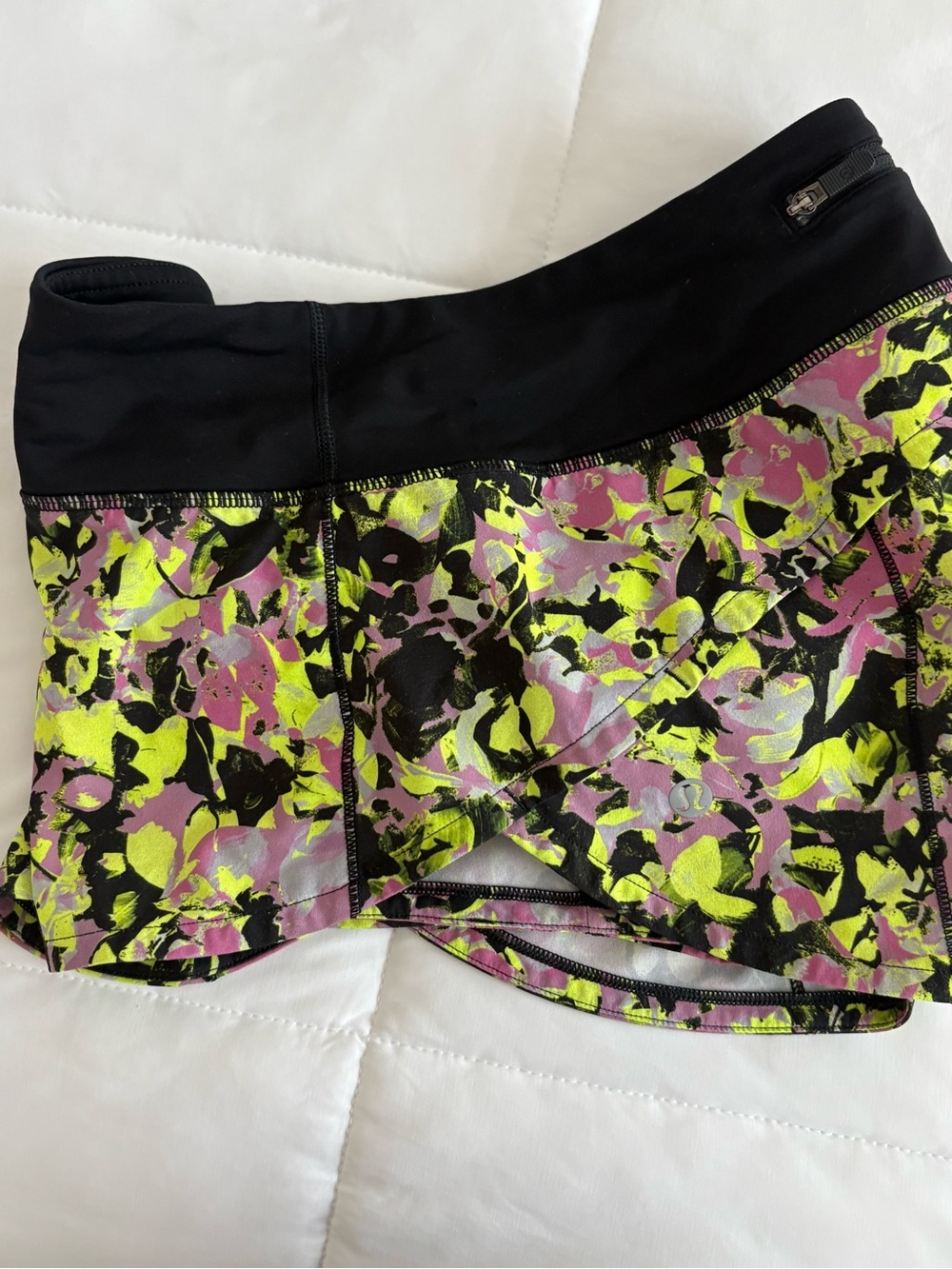 lululemon athletica shorts w/ neon yellow/black/lavender abstract print